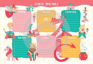 School timetable with cartoon fairytale characters.
