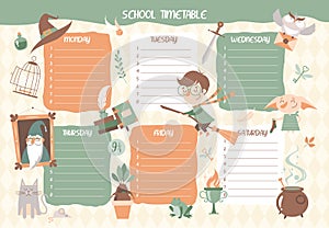 School timetable with cartoon magical and witchcraft elements and characters