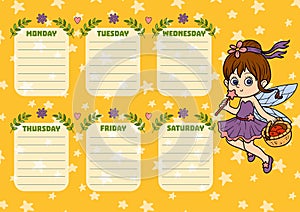 School timetable for children with days of week. Fairy girl