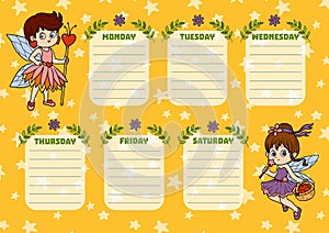 School timetable for children with days of week. Fairy girls