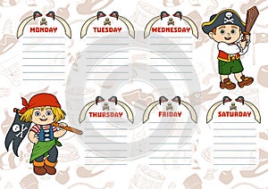 School timetable for children with days of week. Pirates