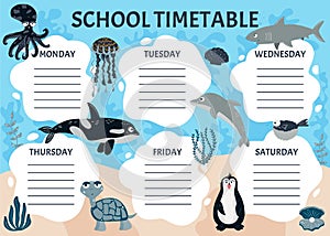 School timetable of classes in elementary school. Weekly planner template with cartoon sea animals. Vector graphics in cartoon