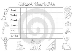 School timetable coloing page cartoon vector