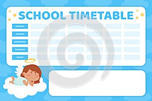 School Timetable with Cute Girl Angel Character with Wings and Nimbus on Cloud Vector Template