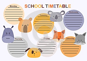 School timetable design with cute aimals head. Timetable for elementary school. Weekly planner with cartoon animals