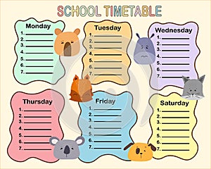 School timetable design with cute aimals head. Weekly planner with cartoon animals. Timetable for elementary school