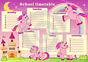 School timetable with fairytale unicorn, rainbow and castle. Back to school