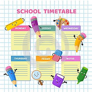 School timetable with funny cartoon stationery characters.