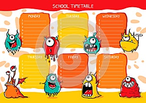 School timetable with funny monsters with different emotions