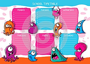 School timetable funny monsters with different emotions