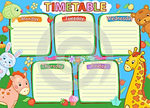 School timetable kids baby child animals kindergarden illustration.