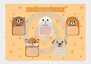 School timetable for kids with cute animals. Vector illustration. Cute bear, alpaca, red panda, fox and pug.