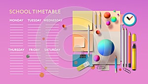 School Timetable pink color. Weekly planner, back to school template. Kids schedule design template with school supplies