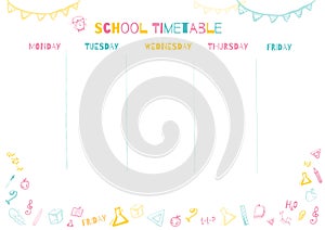 School timetable for pupils or students with 5 days of week with doodle colorful school supplies. Organize your day