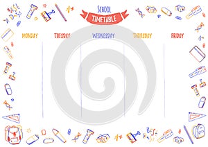 School timetable for pupils or students with 5 days of week with doodle colorful school supplies. Organize your day photo
