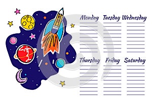 School Timetable space graphic. Doodle rocket and planets. Vector illustration.