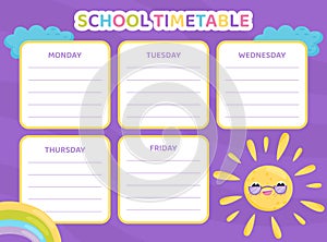 School Timetable with Sun Wearing Glasses Vector Template