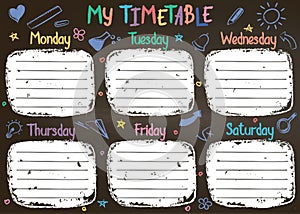 School timetable template on chalk board with hand written colored chalk text.