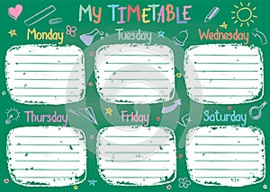 School timetable template on chalk board with hand written colored chalk text.
