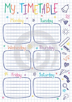 School timetable template on copy book sheet with hand written text.