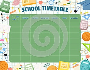 School Timetable Template with Educational Elements. Flat Schedule design.