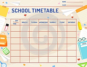 School Timetable Template with Educational Elements. Flat Schedule design for routine on paper background.