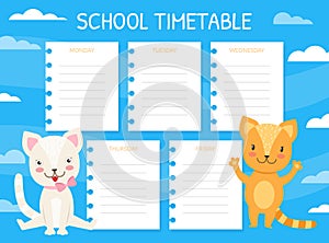 School Timetable Template, Kids Schedule with Funny Pet Animals, Weekly Planner Cartoon Vector Illustration