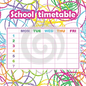 School timetable template for students and pupils. Abstract scribble background. Colorful design element.