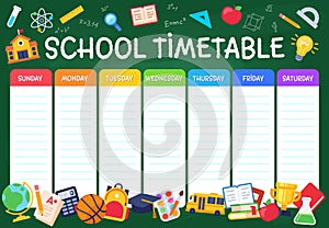 School timetable. Weekly planner schedule for students, pupils with days week and spaces for notes, school study