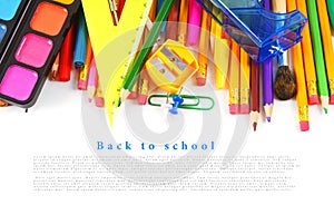 School tools and accessories on white background.