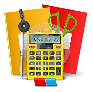 School tools. Office stationery. Realistic calculator. Scissors and eraser. 3D mathematical accessories. Math compass