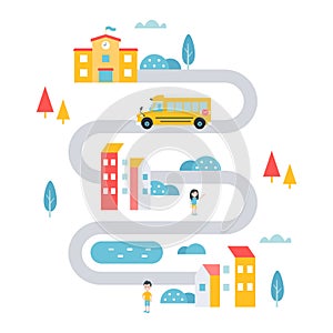 School Transport Service in Town, Countryside or Remote Area. Flat Vector Illustration