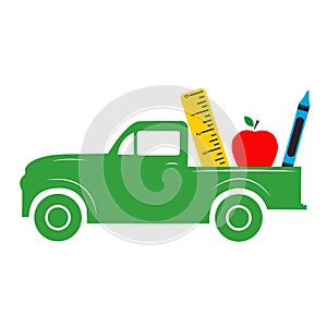 School truck icon on white background. back to school truck sign. flat style. school truck and pencil, ruler, apple