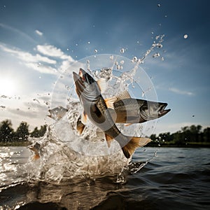 School of tuna fish splashing jumping out of water. Generative AI
