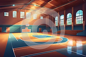 School or university gym hall. Gym court for football and basketball school hall floor game