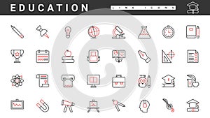 School and university study, education and science thin red and black line icons set