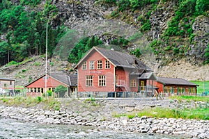School in Village Flam in Norway. Flam village in Flamsdalen, inner end of Aurlandsfjorden, branch Sognefjorden. Wooden