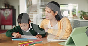 School, work and mom helping child in home, living room or boy with homework, education and learning at table. Student