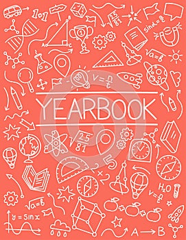 School yearbook cover. Sketch doodle background. Hand drawn vector line. Editable stroke size.