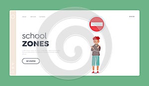 School Zones Landing Page Template. Kid with Brick Road Sign. Little Boy with Caution Banner for City Road