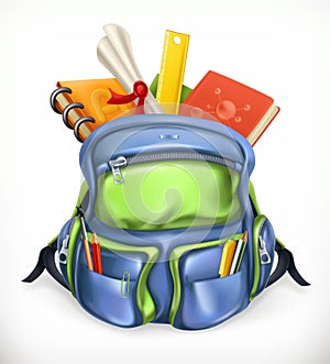 Schoolbag. Backpack with school supplies, vector icon