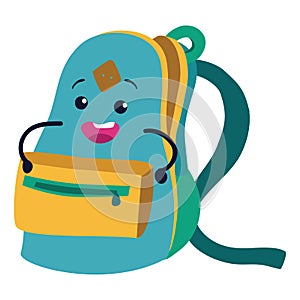 Schoolbag charracter flat icon, open knapsack with smiling face