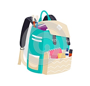 Schoolbag full of school stationery, books and supplies in pockets of backpack. Heavy bag overfilled with notebooks and