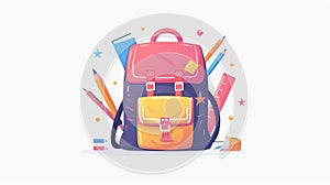 A schoolbag loaded with school accessories. The backpack is stuffed with pens, notebooks, books, rulers and a ruler