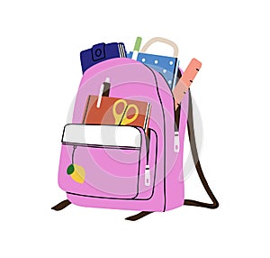 Schoolbag packed with school accessories. Backpack, kids bag full of stationery, pens, notebooks, books, ruler sticking