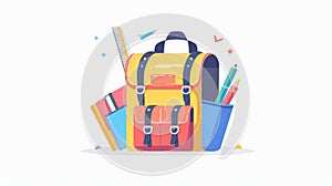 Schoolbag packed with school supplies. Backpack full of stationery, pens, notebooks, books, ruler sticking out of