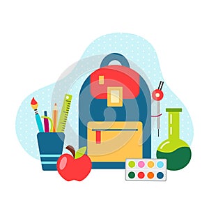 Schoolbag school supplies stuff backpack vector illustration photo