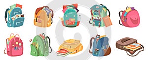 Schoolbags. Full kids students rucksack colorful bags with various education stuff exact vector illustration set