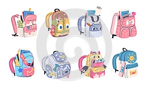 Schoolbags and knapsacks. Colorful open backpacks with stationery school equipment, kids bag for study accessories