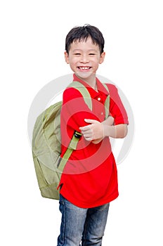 Schoolboy with backpack over white
